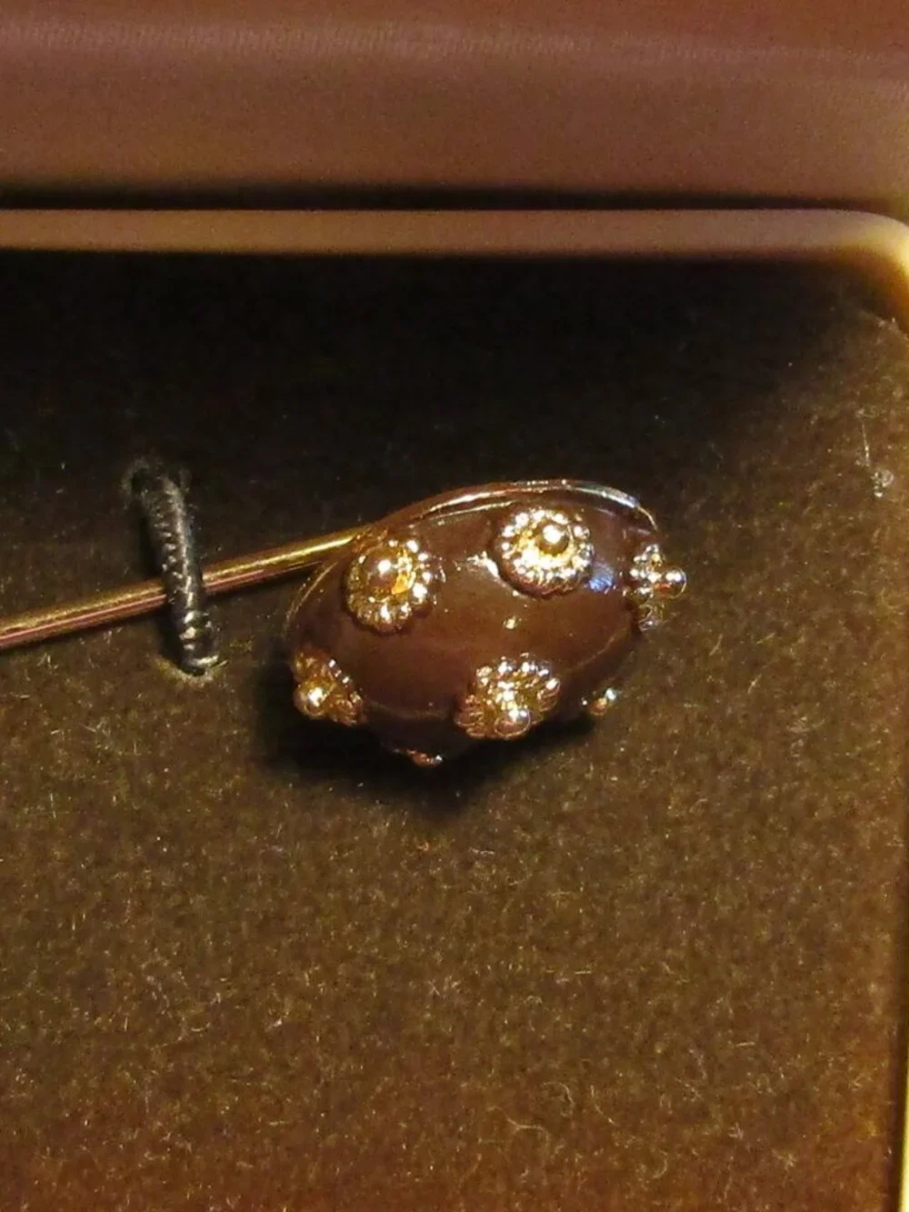 Vintage in SWANK Box 1950s/60s STICK PIN Chocolate Brown Enamel Goldtone Flowers